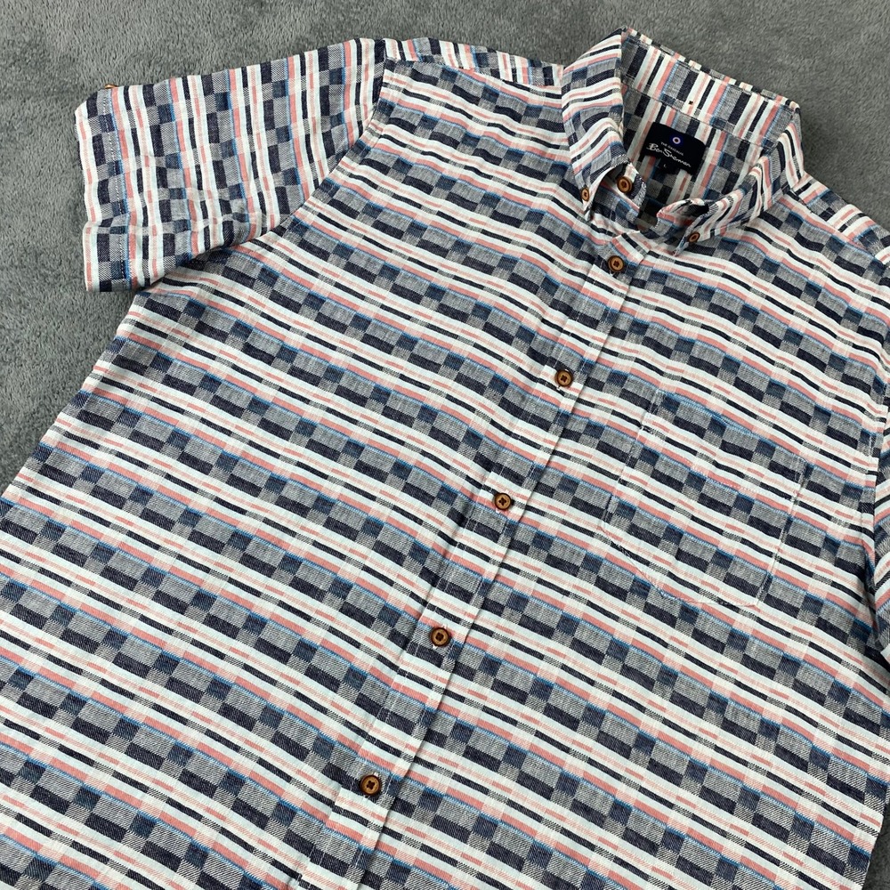 Ben Sherman Mens L Button Down Shirt Multi Color Linen‎ Blend Plaid Short Sleeve